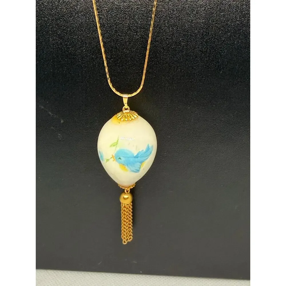 Vintage Victorian Revival Bluebird Faux Porcelain Egg Pendant 28” 80s
